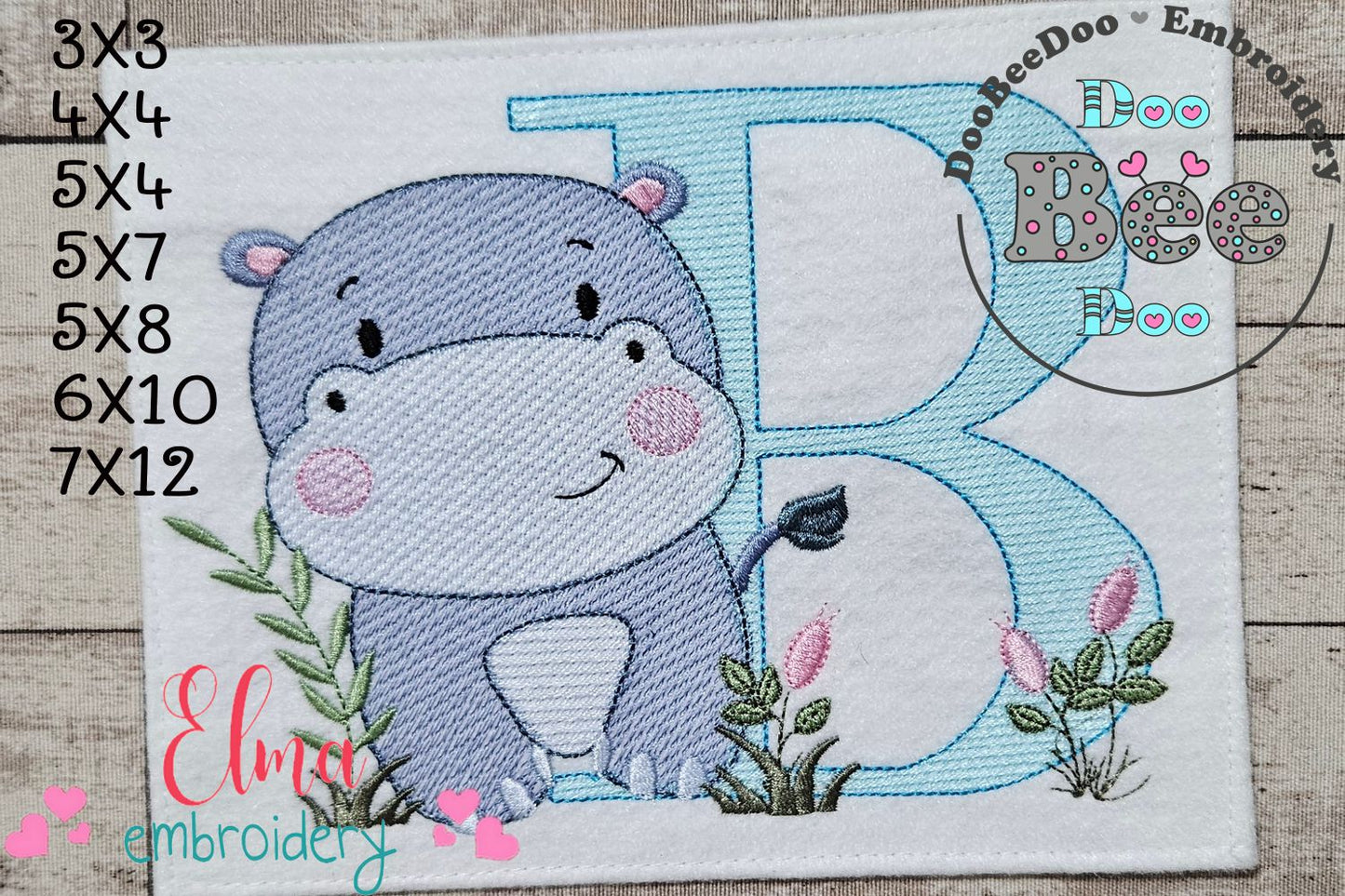 Hippo Monogram B Letter B - Rippled Stitch Embroidery