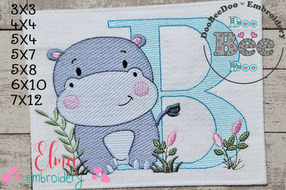 Hippo Monogram B Letter B - Rippled Stitch Embroidery