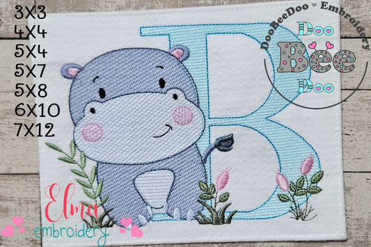Hippo Monogram B Letter B - Rippled Stitch Embroidery