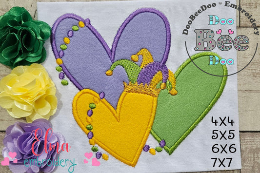 Mardi Gras Three Hearts - Applique - Machine Embroidery Design