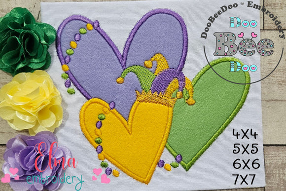 Mardi Gras Three Hearts - Applique - Machine Embroidery Design