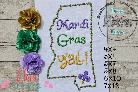 Mississippi Map Mardi Gras Y'all - Fill Stitch - Machine Embroidery Design