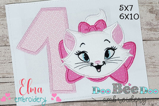 White Kitty 1st Birthday Number 1 - Applique - Machine Embroidery Design