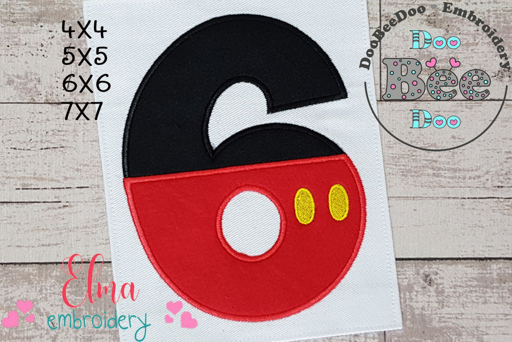 Mouse Ears Boy 6th Birthday Number 6 - Applique Embroidery