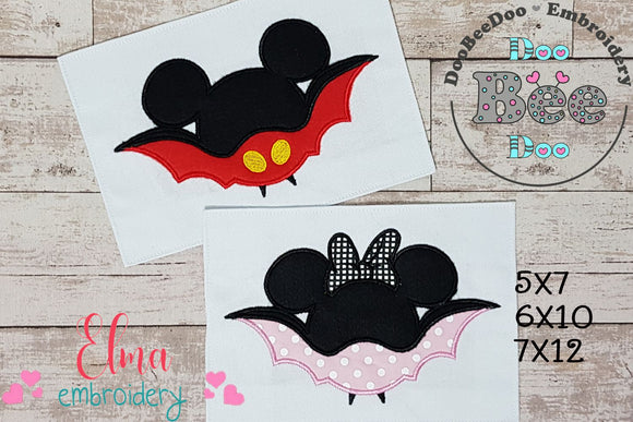 Mouse Ears Boy and Girl Bat - Set of 2 Designs - Applique Embroidery
