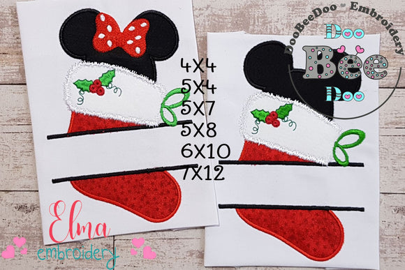 Split Mouse Ears Boy and Girl Christmas Boot - Set of 2 Designs - Applique Embroidery