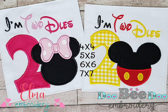 I'm Two Dles Mouse Ears Boy and Girl 2nd Birthday - Set of 2 Designs - Applique Embroidery
