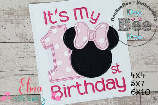 It's My 1st Birthday Mouse Ears Girl Number 1 One - Applique Embroidery