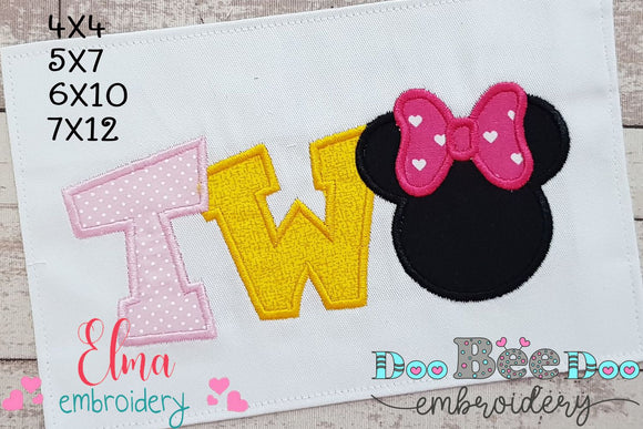 Mouse Ears Girl 2 Two 2nd Birthday - Applique Embroidery