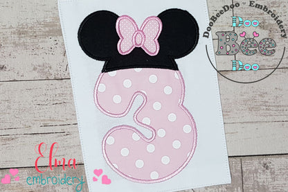 Mouse Ears Girl Hat Number 3 three 3rd Birthday - Applique