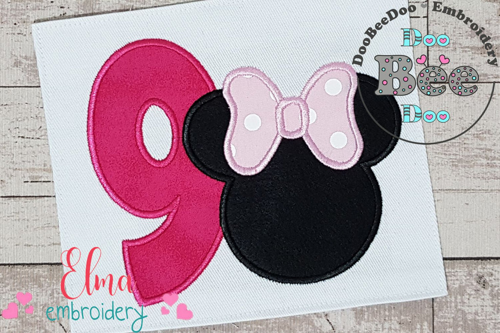 Mouse Ears Girl Number 9 Nine 9th Nineth Birthday Number 9 - Applique