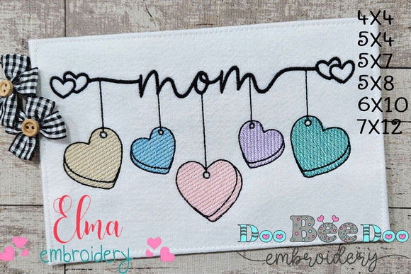 Mom 5 Hearts - Rippled Stitch - Machine Embroidery Design