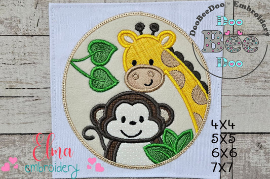 Safari Rounded Monkey and Giraffe - Applique - Machine Embroidery Design