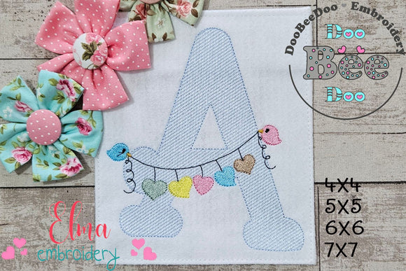 Monogram A Letter A Birds and Hearts - Rippled Stitch Embroidery