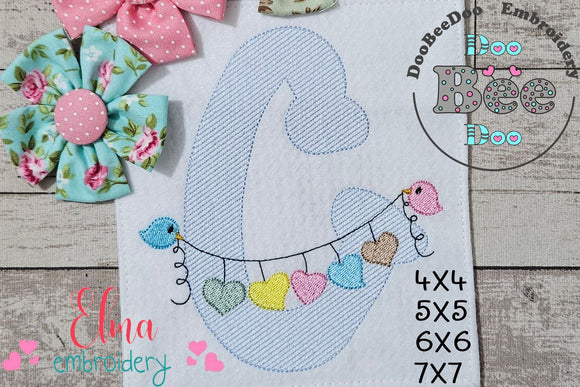 Monogram C Letter C Birds and Hearts - Rippled Stitch Embroidery