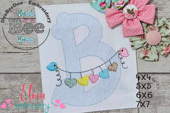 Monogram B Letter B Birds and Hearts - Rippled Stitch Embroidery