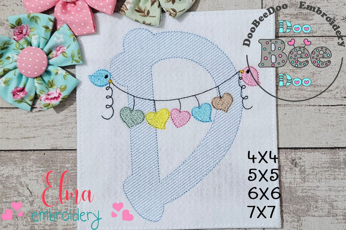 Monogram D Letter D Birds and Hearts - Rippled Stitch Embroidery