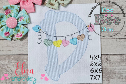 Monogram D Letter D Birds and Hearts - Rippled Stitch Embroidery