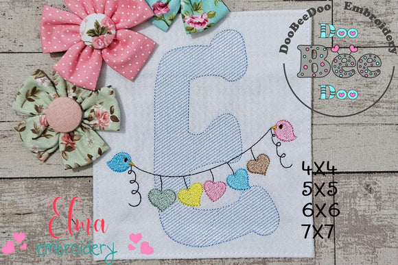 Monogram E Letter E Birds and Hearts - Rippled Stitch Embroidery