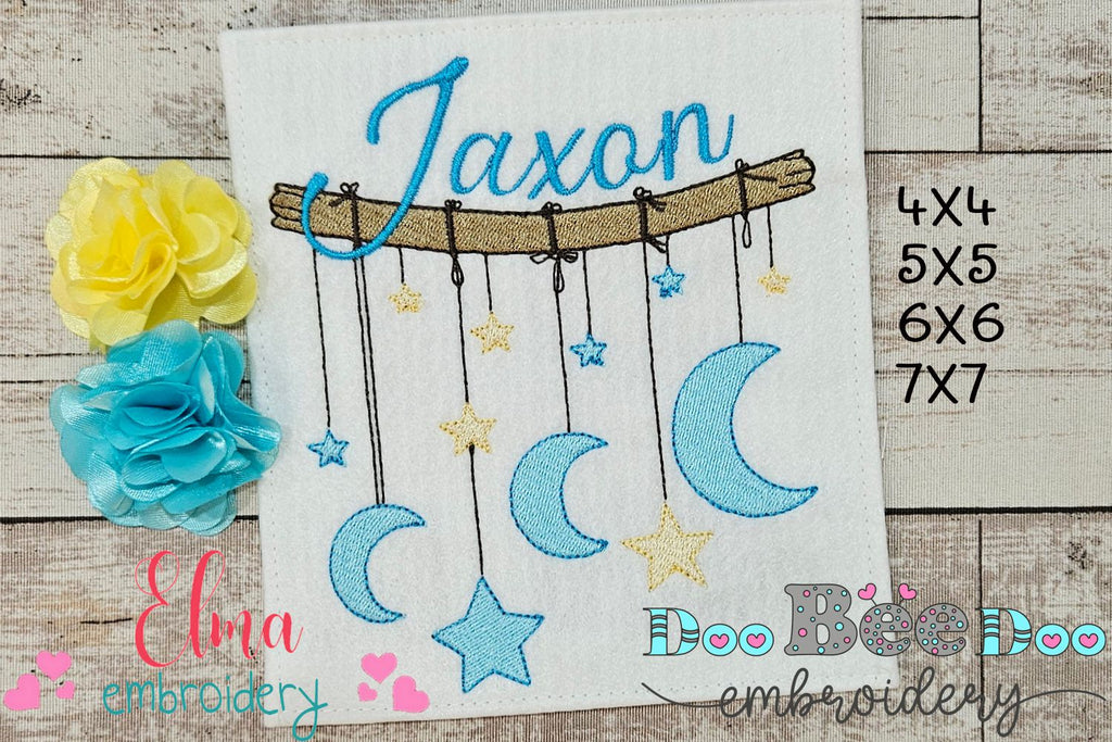 Moons and Stars Hanging from a Branch - Fill Stitch - Machine Embroidery design