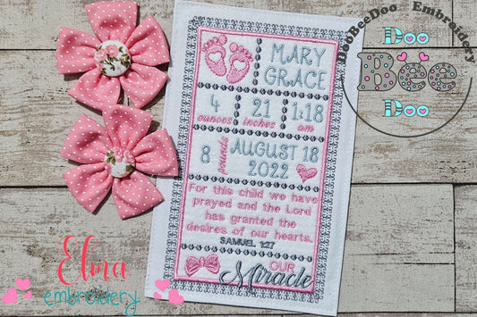 Baby Girl Our Miracle Birth Announcement Template - Applique
