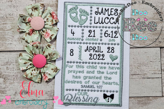 Baby Boy Our Blessing Birth Announcement Template - Applique - Machine Embroidery Design