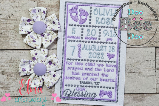 Baby Girl Our Blessing Birth Announcement Template - Applique - Machine Embroidery Design