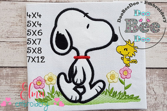 White Dog and Yellow Bird - Applique - Machine Embroidery Design
