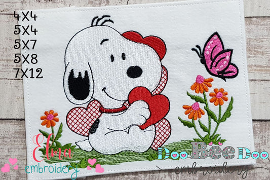 White Dog and Hearts - Fill Stitch - Machine Embroidery Design