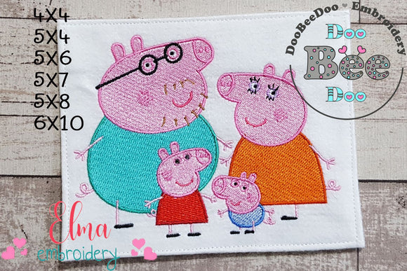 Pink Pig Family - Fill Stitch Embroidery