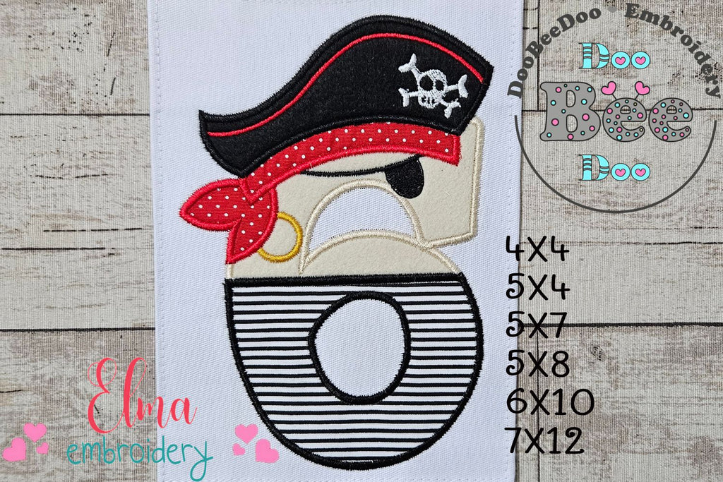 Pirate Birthday Number Six 6th Birthday - Applique - Machine Embroidery Design