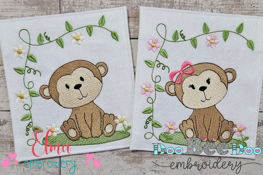 Safari Monkey Boy and Girl - Fill Stitch - Set of 2 designs