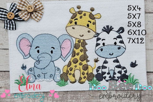 Animals Safari Elephant, Giraffe and Zebra - Fill Stitch - Machine Embroidery Design
