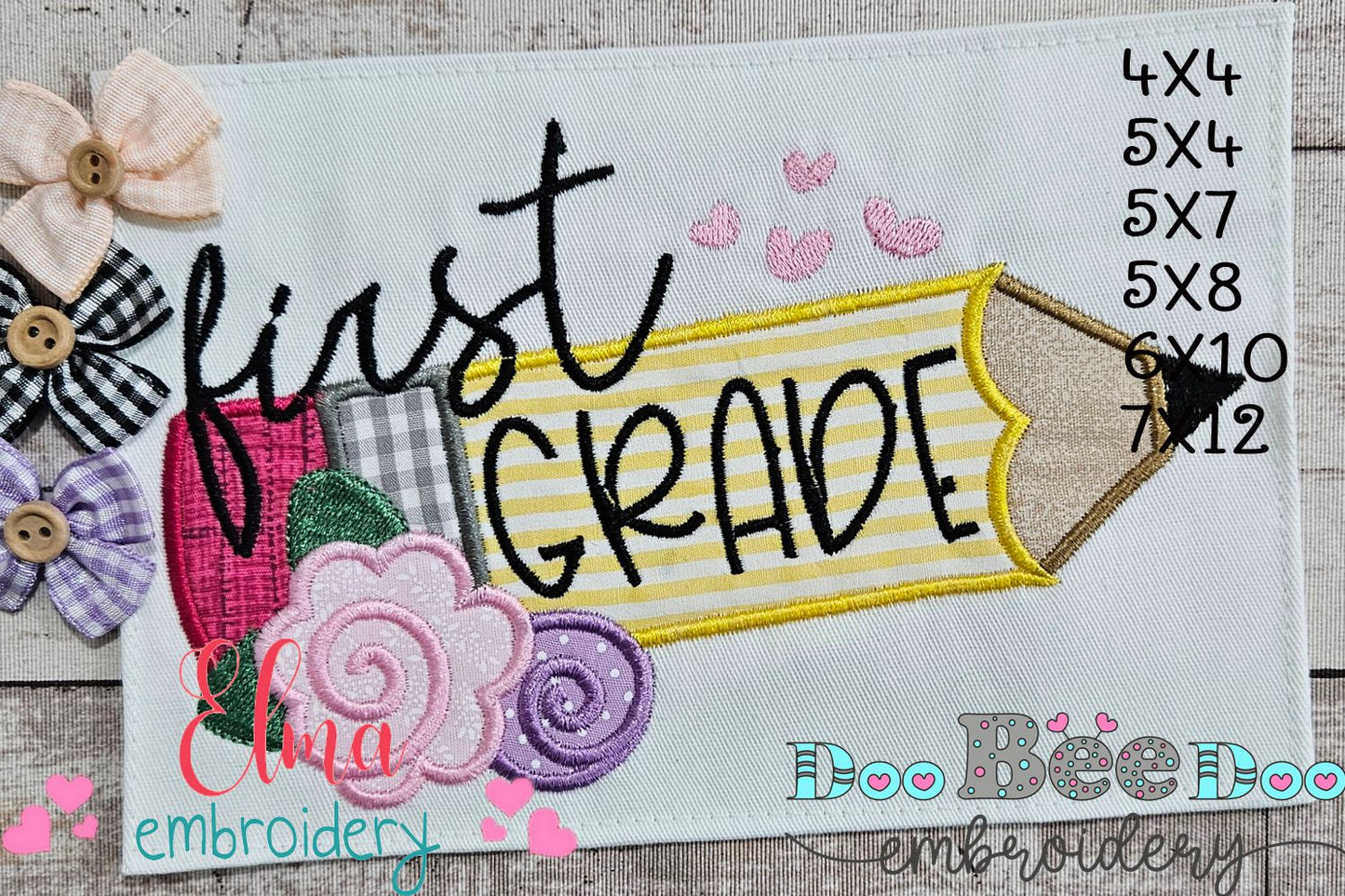 First Grade Pencil and Flowers - Applique - Machine Embroidery Design