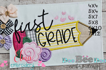 First Grade Pencil and Flowers - Applique - Machine Embroidery Design