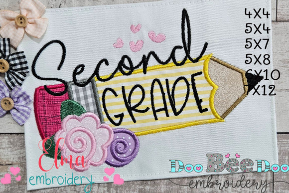 Second Grade Pencil and Flowers - Applique - Machine Embroidery Design