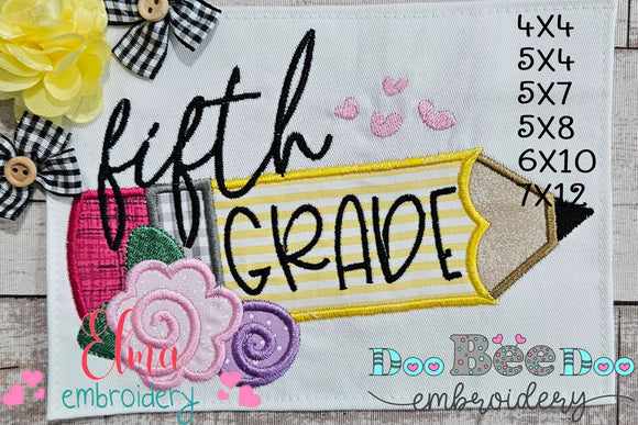 Fifth Grade Pencil and Flowers - Applique - Machine Embroidery Design