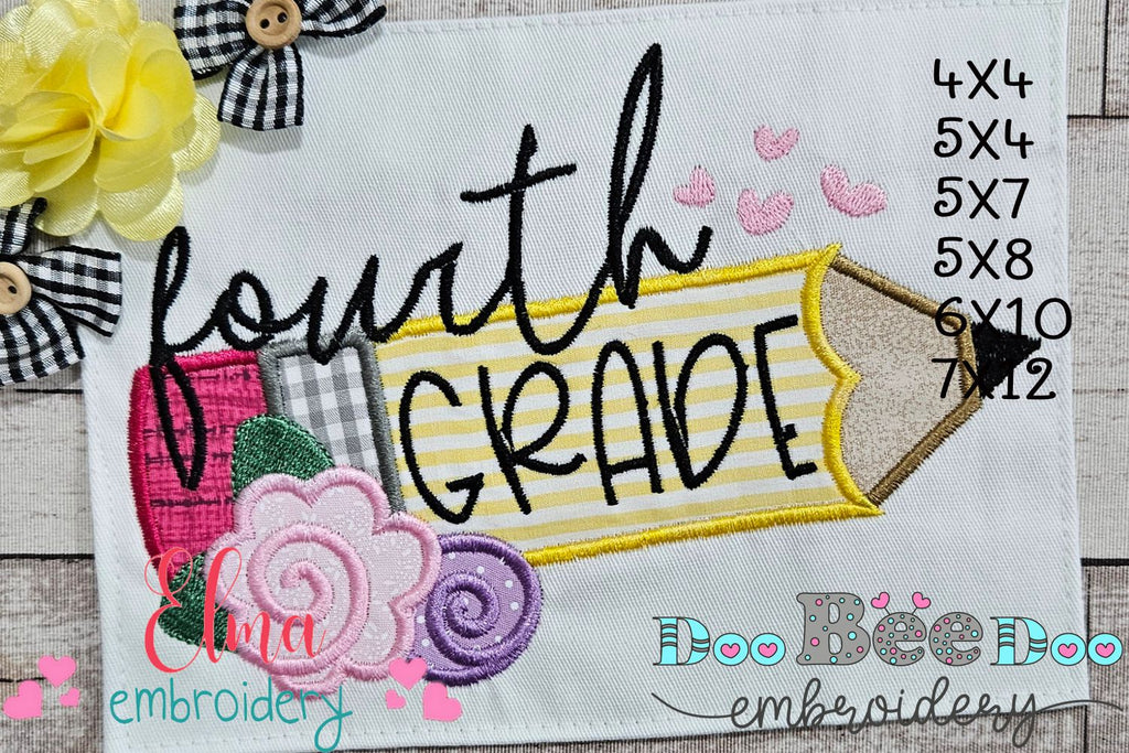 Fourth Grade Pencil and Flowers - Applique - Machine Embroidery Design