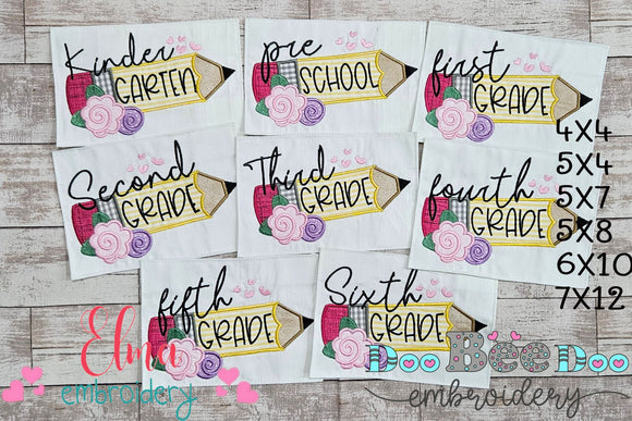 Preschool to 6th Grade Pencil and Flowers - Applique - Set of 8 designs