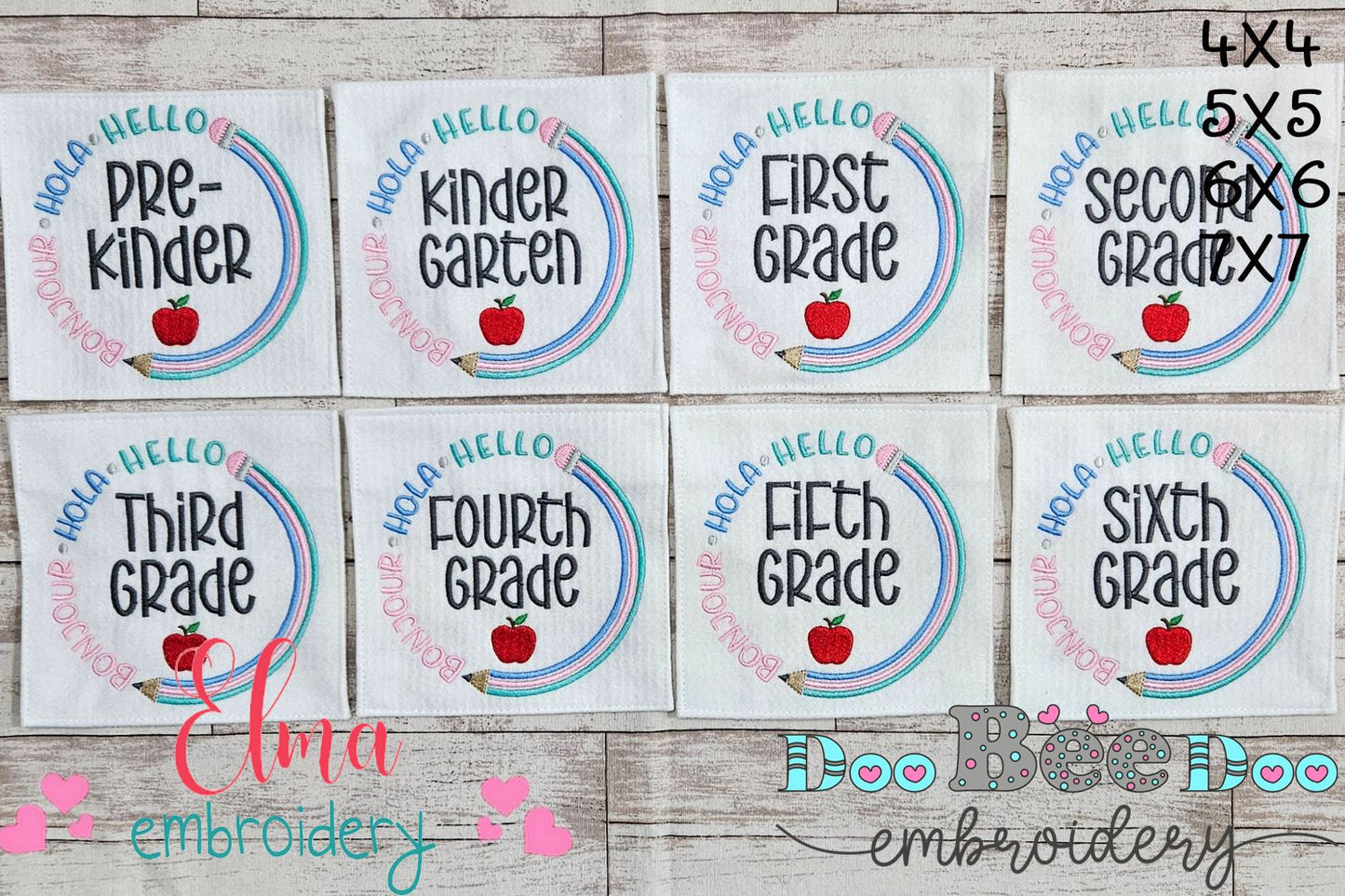 Bonjour Hola Hello Pre-Kinder to 6th Grade - Fill Stitch - Set of 8 designs - Machine Embroidery Design