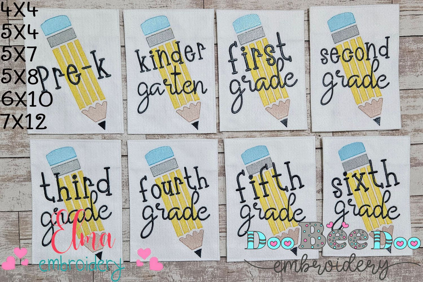 Pre-K to 6th Grade Pencil - Rippled Stitch - Set of 8 designs