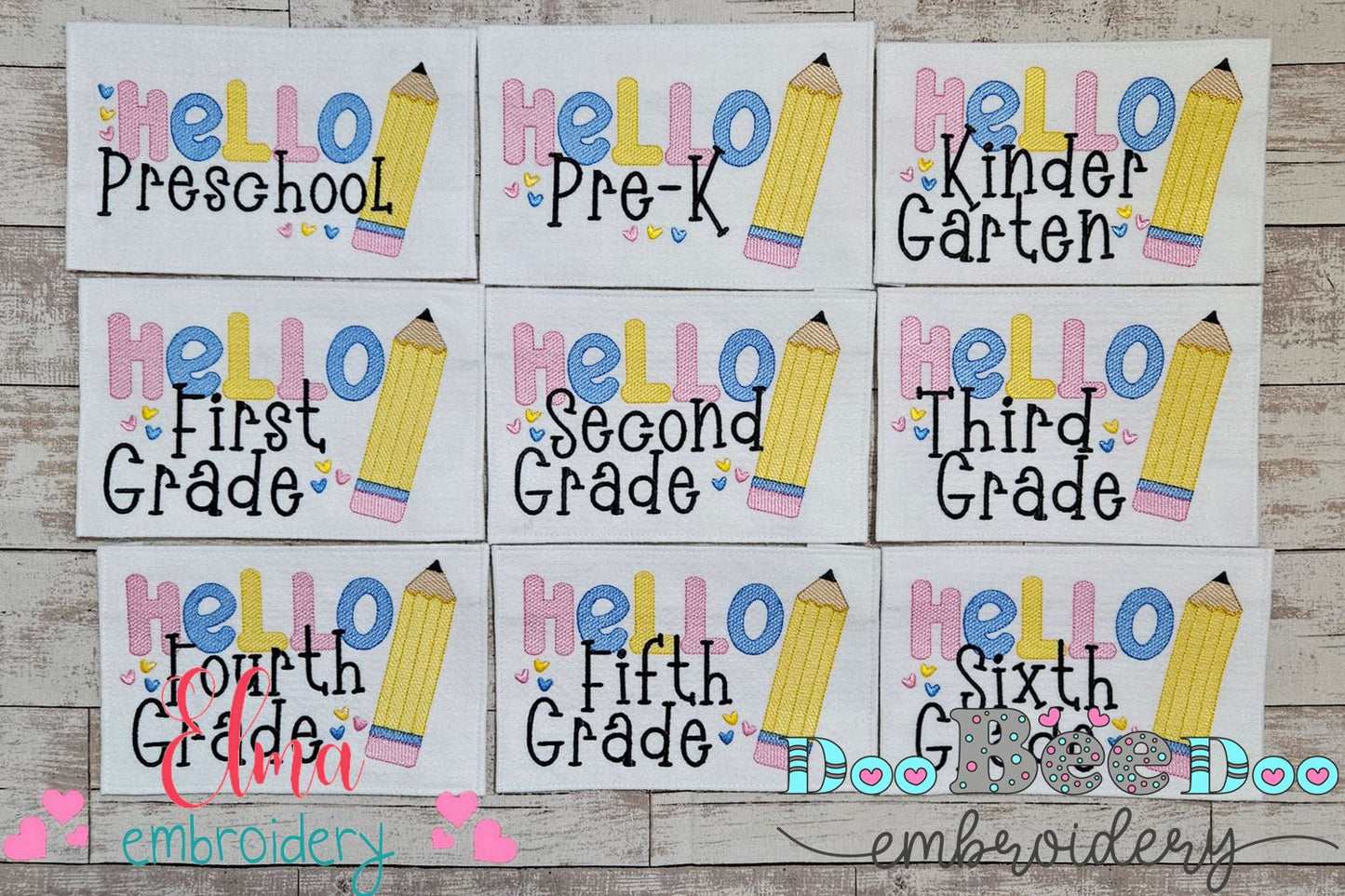 Hello Pre-K to 6th Grade Pencil - Rippled Stitch - Set of 9 designs