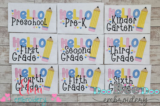 Hello Pre-K to 6th Grade Pencil - Rippled Stitch - Set of 9 designs