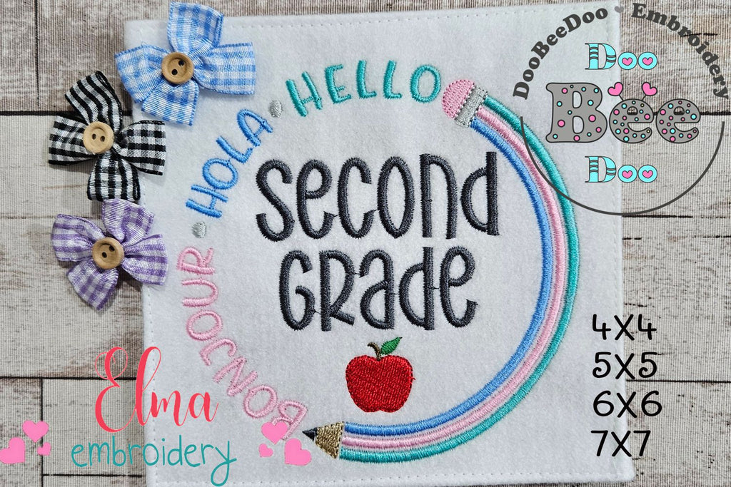 Bonjour Hola Hello Second Grade - Fill Stitch - Machine Embroidery Design