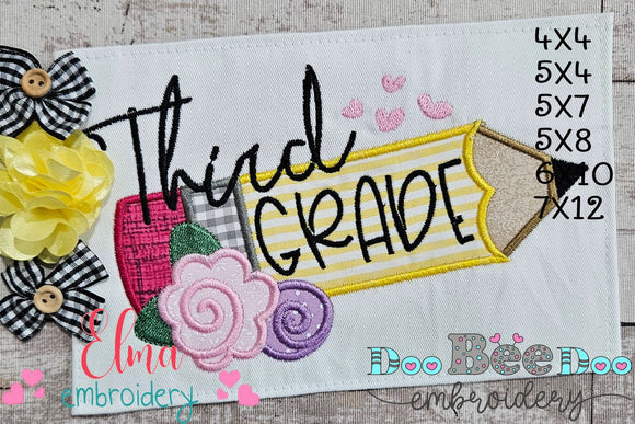 Third Grade Pencil and Flowers - Applique - Machine Embroidery Design