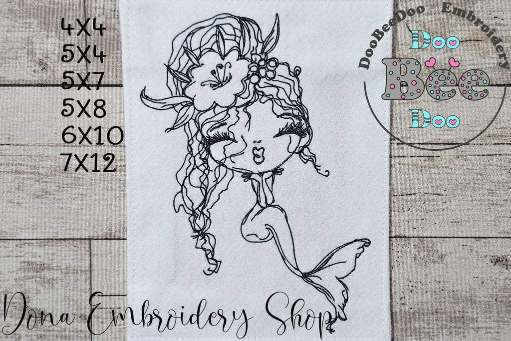 Cute Mermaid Kiss - Redwork - Machine Embroidery Design