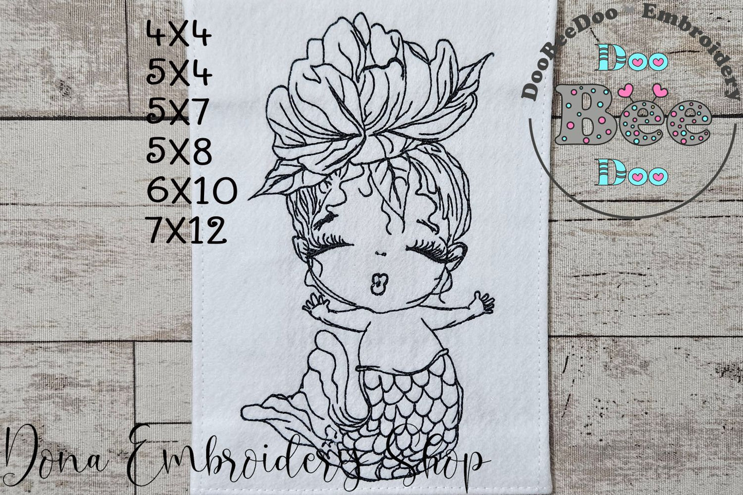 Cute Mermaid - Redwork - Machine Embroidery Design