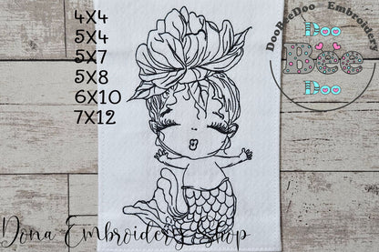 Cute Mermaid - Redwork - Machine Embroidery Design