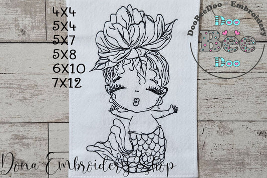 Cute Mermaid - Redwork - Machine Embroidery Design