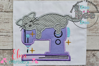 Cat Sleeping on a Sewing Machine - Applique - Machine Embroidery Design